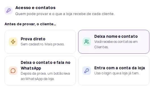 Acesso e contatos section with Prova direto, Deixa nome e contato, Deixa o contato e fala no WhatsApp and Entra com a conta