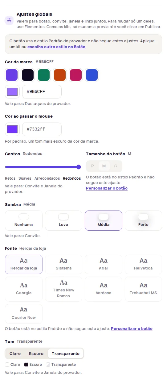 Ajustes globais section with Cor da marca, Cantos, Tamanho do botão, Sombra, Fonte and Tom