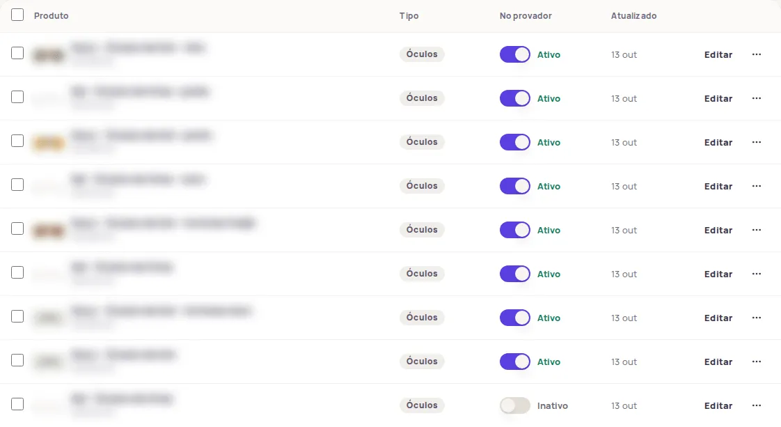 Catalog list with the No provador column showing Ativo and Inativo products