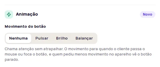 Animação section with the options Nenhuma, Pulsar, Brilho and Balançar
