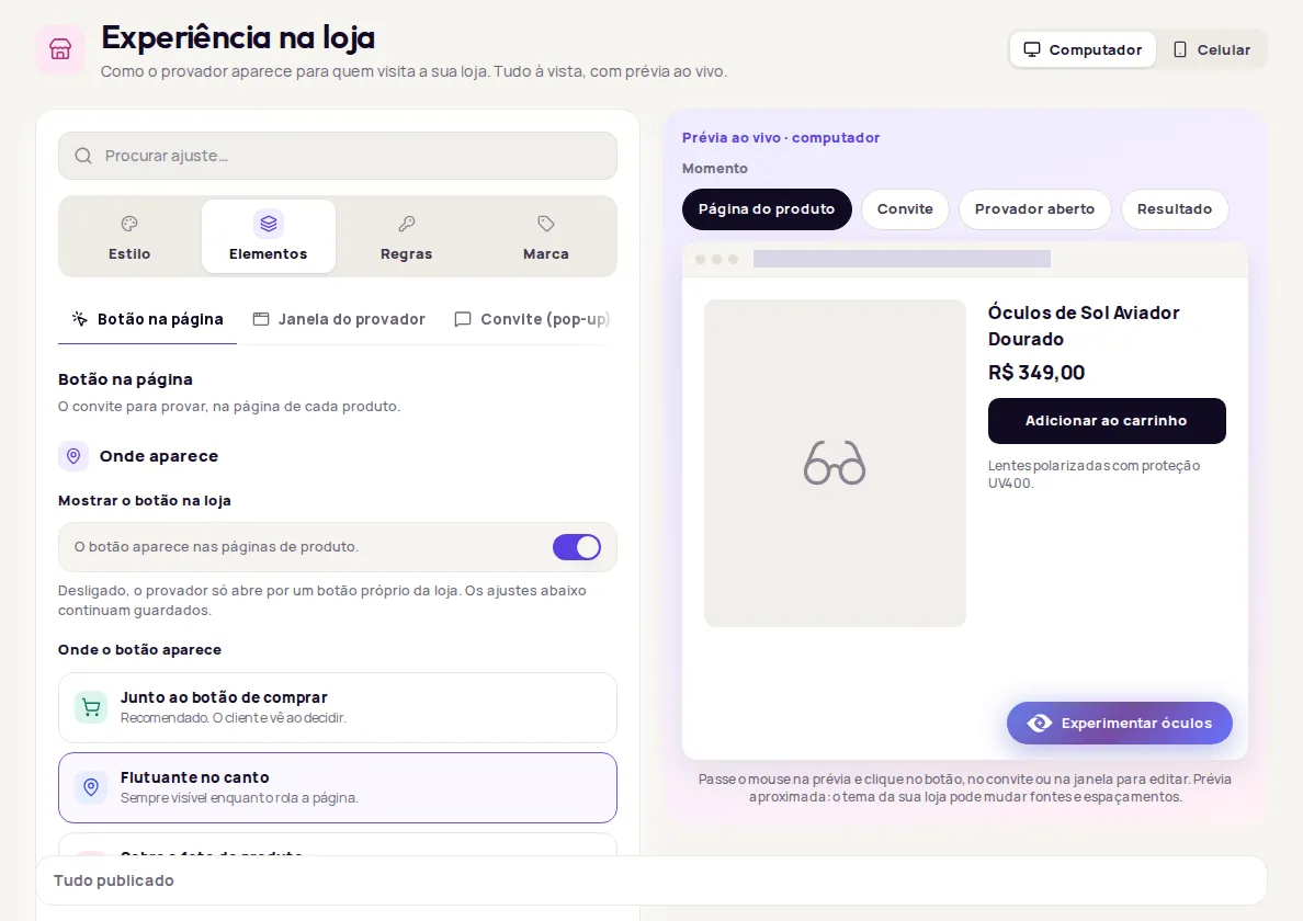 Botão na página tab with Onde aparece: Junto ao botão de comprar, Flutuante no canto and Sobre a foto do produto
