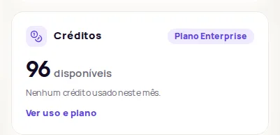 Créditos card on the Início screen with the available balance, the plan and the Ver uso e plano link