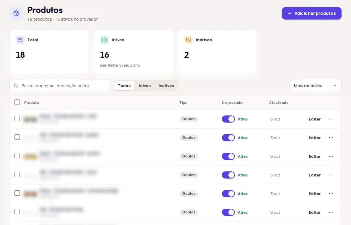 Product catalog with the Total, Ativos and Inativos cards, the search box and the product list
