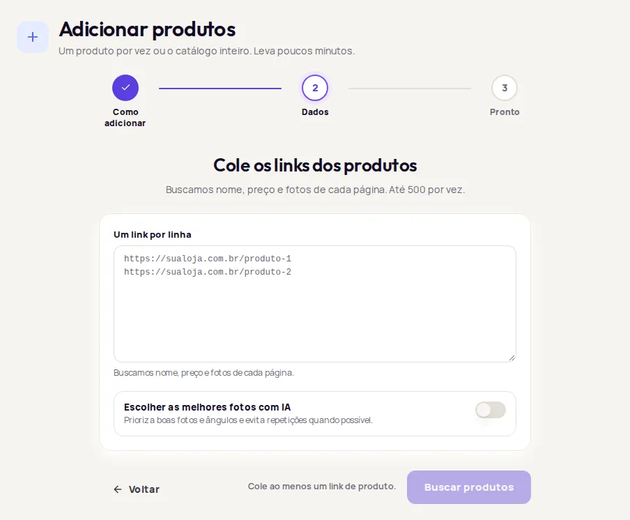 The Cole os links dos produtos screen with the Um link por linha field and the Escolher as melhores fotos com IA option
