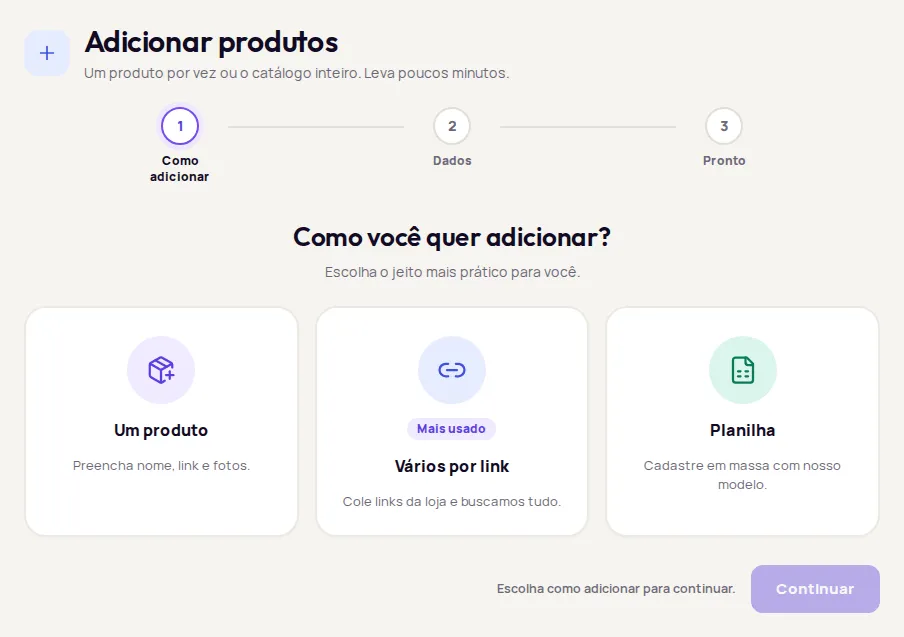 The Como você quer adicionar? screen with the options Um produto, Vários por link and Planilha