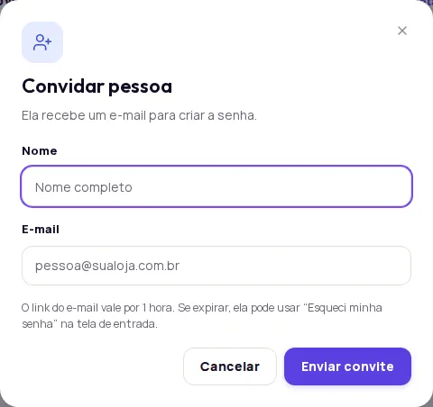 Convidar pessoa window with the Nome and E-mail fields