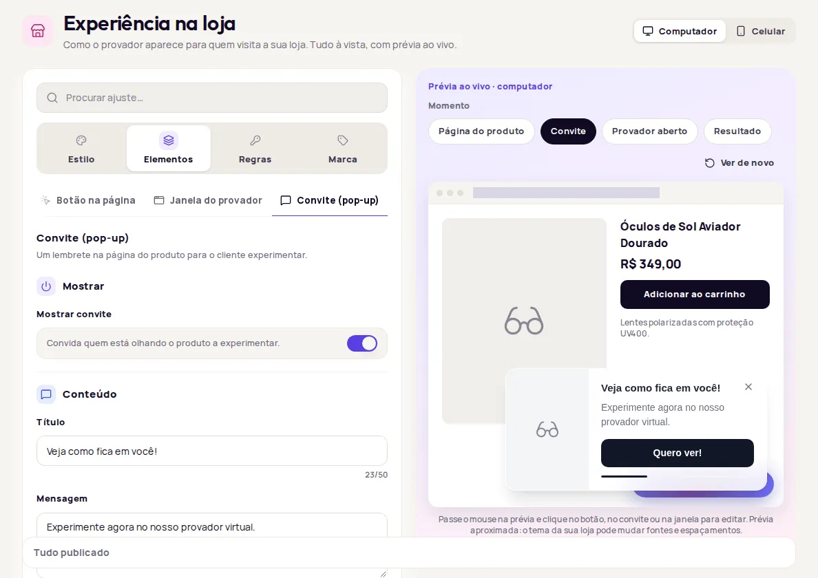 Convite (pop-up) tab with the Mostrar and Conteúdo sections and the preview in the Convite moment
