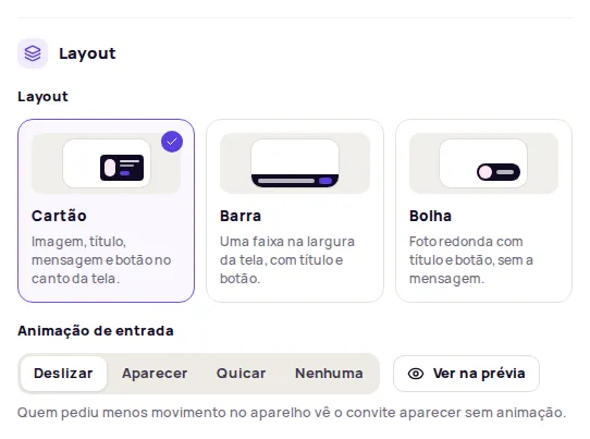 Layout section with the Cartão, Barra and Bolha options and the Animação de entrada setting
