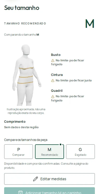 Descubra seu tamanho result with the Tamanho recomendado, the body illustration and the fit for each measurement