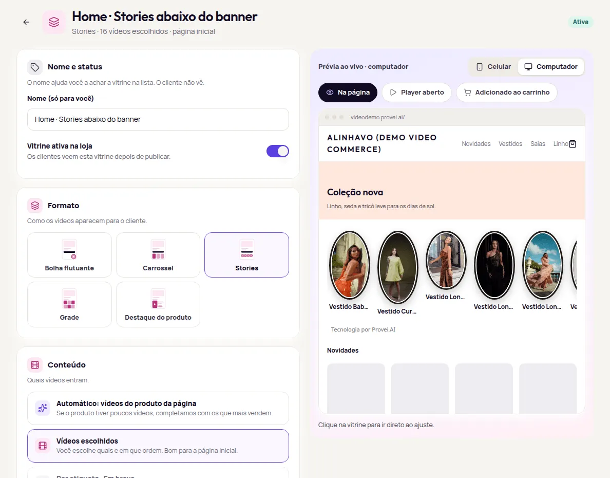 Editor da vitrine com as seções Nome e status, Formato e Conteúdo e a Prévia ao vivo da loja ao lado