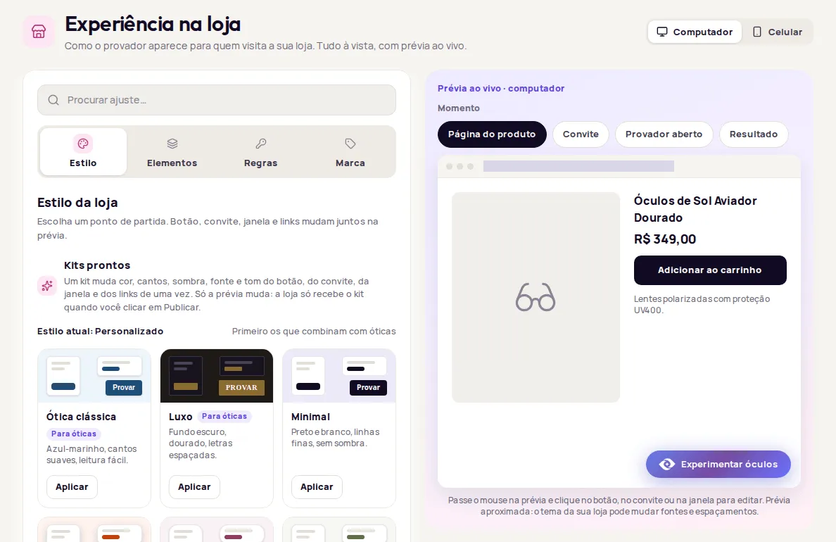 Experiência na loja editor with the Estilo, Elementos, Regras and Marca areas on the left and the live preview on the right