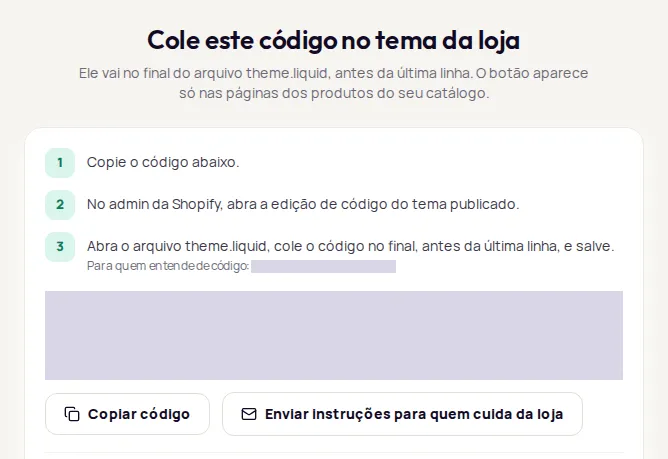 Enviar instruções para quem cuida da loja button next to Copiar código, in the Cole este código no tema da loja step