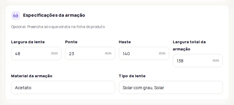 The Especificações da armação section on an eyewear product page, with the lens, bridge, temple and frame measurements