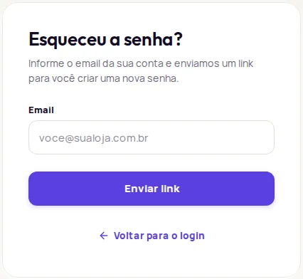 Esqueceu a senha? screen with the Email field and the Enviar link button
