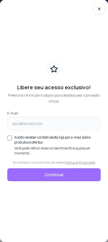 Libere seu acesso exclusivo (Unlock your exclusive access) form with the email field, the consent box unchecked and the Privacy Policy link