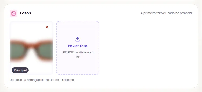 The Fotos card with the Principal tag on the first photo and the notice A primeira foto é usada no provador