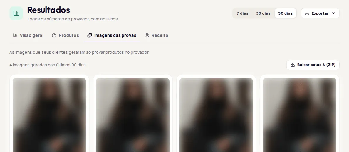 Imagens das provas tab with the gallery of generated images, blurred here, and the Baixar estas imagens (ZIP) button