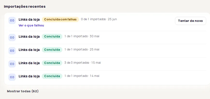 The Importações recentes list with the Concluída and Concluída com falhas statuses and the Ver o que falhou link