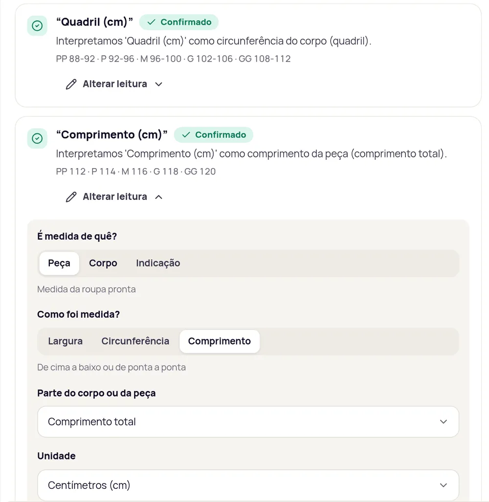The Como lemos cada coluna card with Alterar leitura open on a column: É medida de quê? (Peça, Corpo, Indicação), Como foi medida? (Largura, Circunferência, Comprimento), Parte do corpo ou da peça and Unidade