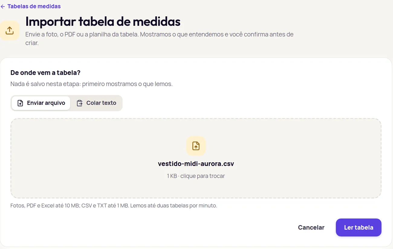 The Importar tabela de medidas screen with the question De onde vem a tabela?, the Enviar arquivo and Colar texto options, a chosen CSV file and the Ler tabela button