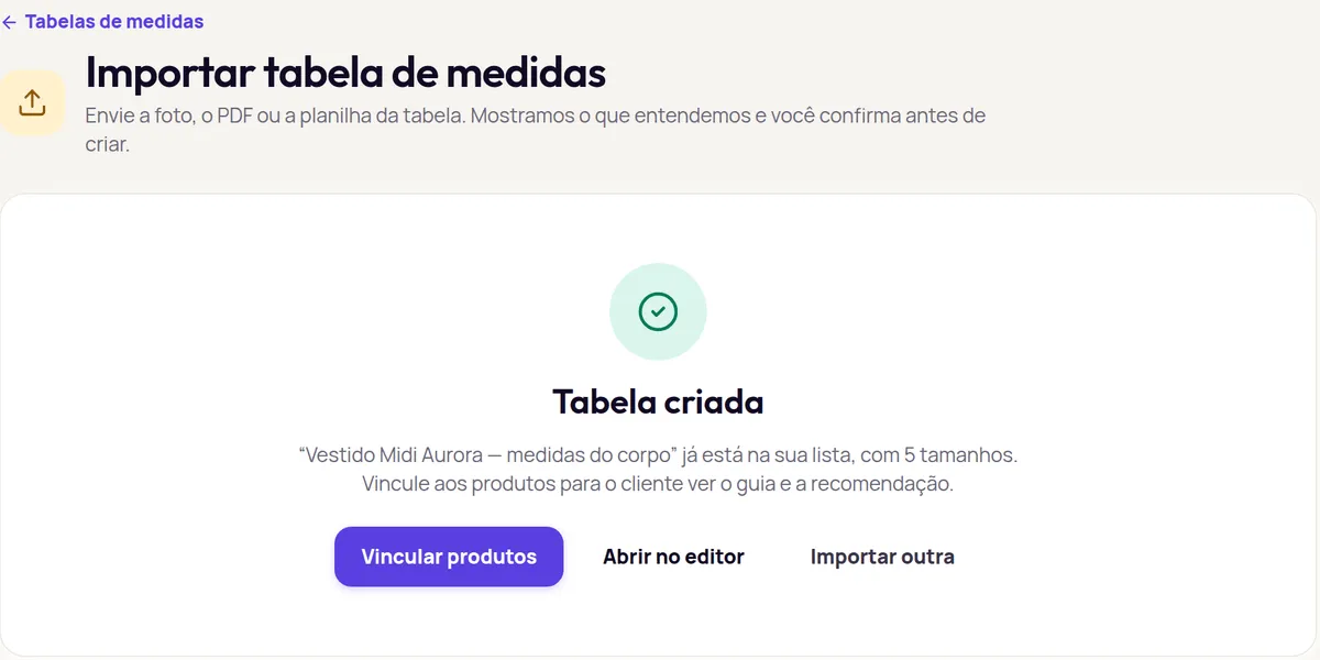 The Tabela criada screen with the chart already in the list and the Vincular produtos, Abrir no editor and Importar outra buttons