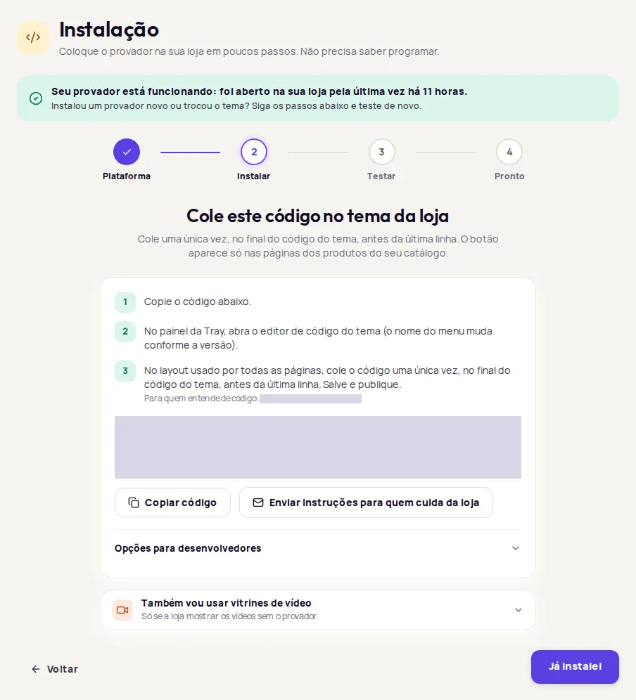Cole este código no tema da loja step with the Tray instructions and the Copiar código button