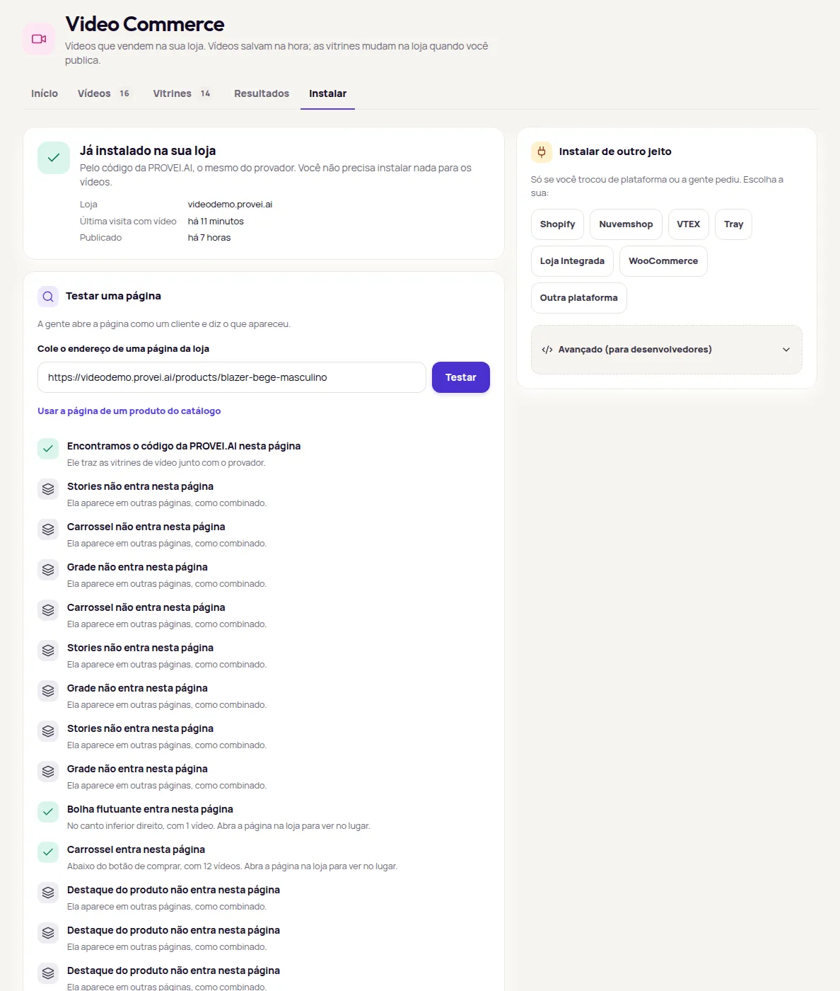 Video Commerce Instalar screen with the Já instalado na sua loja card and a Testar uma página result with a showcase that goes on this page