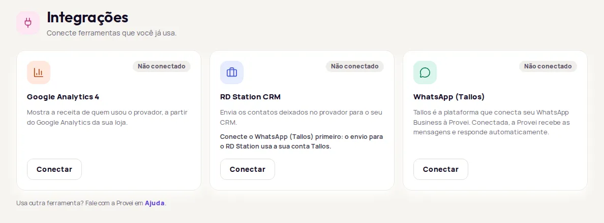 Integrações screen with the Google Analytics 4, RD Station CRM and WhatsApp (Tallos) cards, their status and the Conectar button