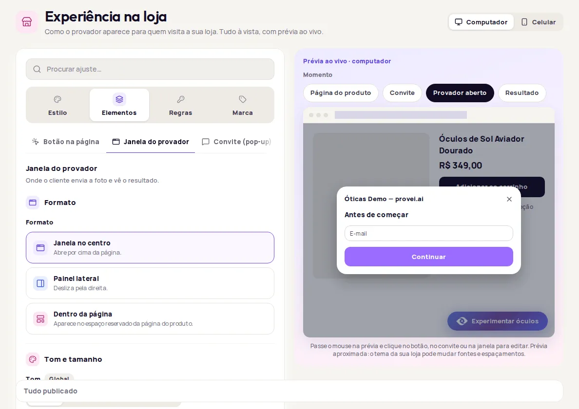 Janela do provador tab with the format options Janela no centro, Painel lateral and Dentro da página
