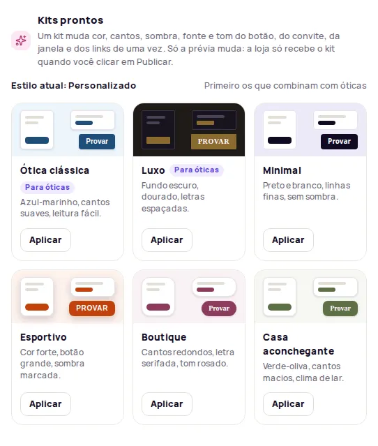Kits prontos section with six style cards, each with a thumbnail and an Aplicar button