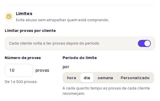Limites section with the Limitar provas por cliente switch, the number of try-ons and the period by hour, day, week or Personalizado