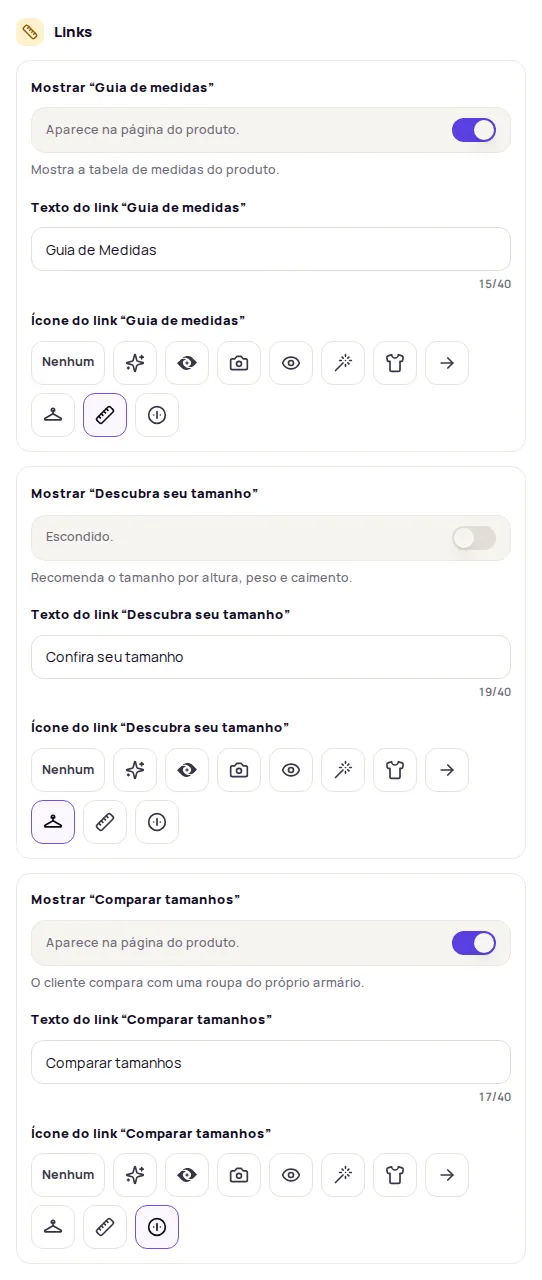 Medidas e tamanho tab with the Links section and the Guia de medidas, Descubra seu tamanho and Comparar tamanhos options