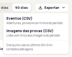 Exportar menu open with the Eventos (CSV) and Imagens das provas (CSV) options