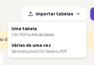 The Importar tabelas menu open with the Uma tabela and Várias de uma vez options