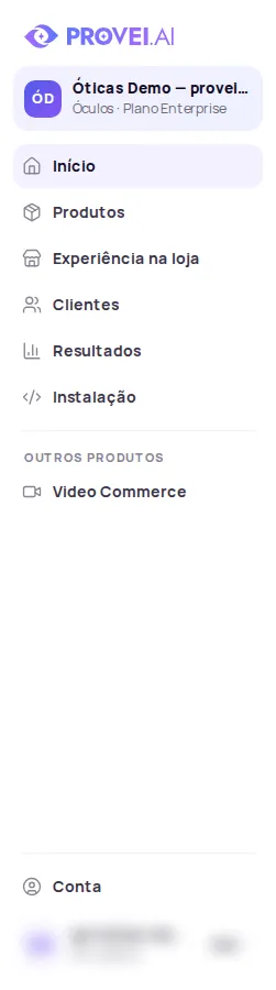 Dashboard side menu with Início, Produtos, Experiência na loja, Clientes, Resultados, Instalação, Outros produtos and Conta