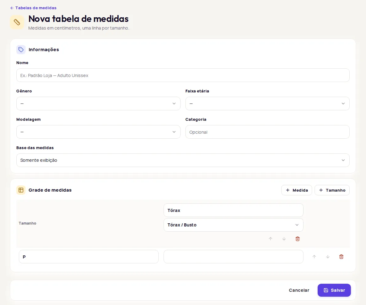 The Nova tabela de medidas screen with the Informações card, the Base das medidas field and the Grade de medidas