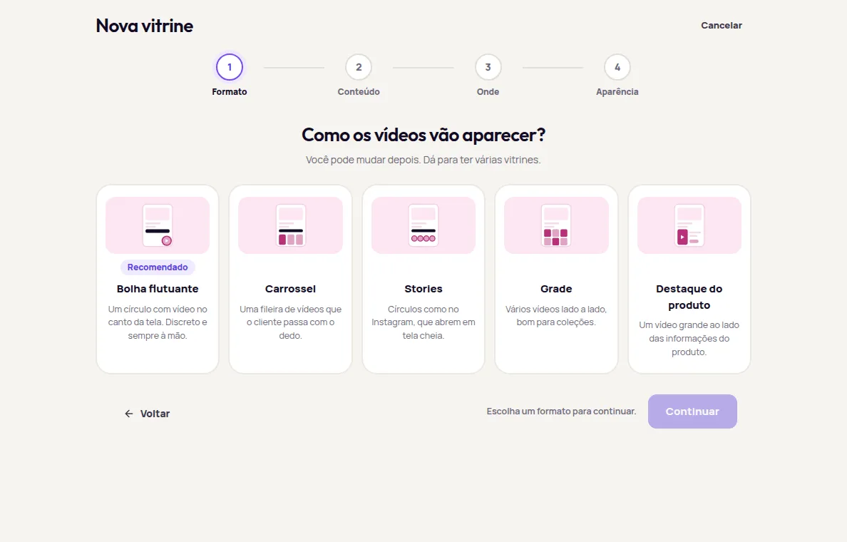 Primeira etapa de Nova vitrine com os formatos Bolha flutuante, Carrossel, Stories, Grade e Destaque do produto