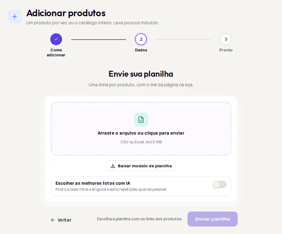 The Envie sua planilha screen with the drop area for the file and the Baixar modelo de planilha button