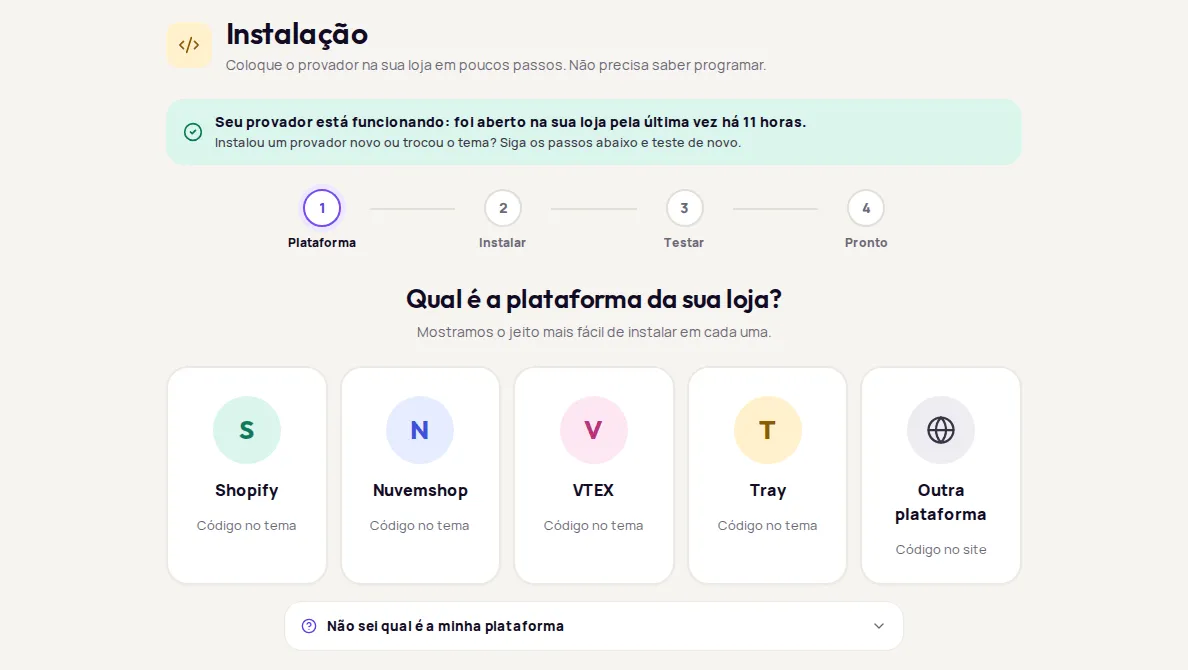 Installation wizard with the list of platforms: Shopify, Nuvemshop, VTEX, Tray and Outra plataforma