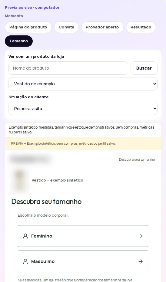 Preview in the Tamanho moment with Descubra seu tamanho open and the product picker