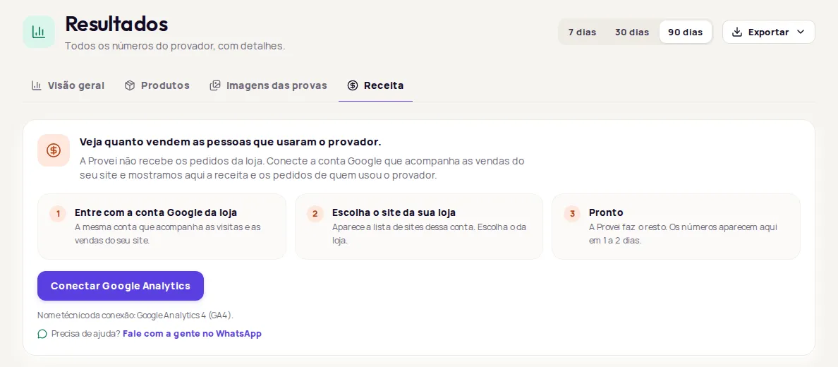 Receita tab without a connection, with the steps to connect Google Analytics and the Conectar Google Analytics button