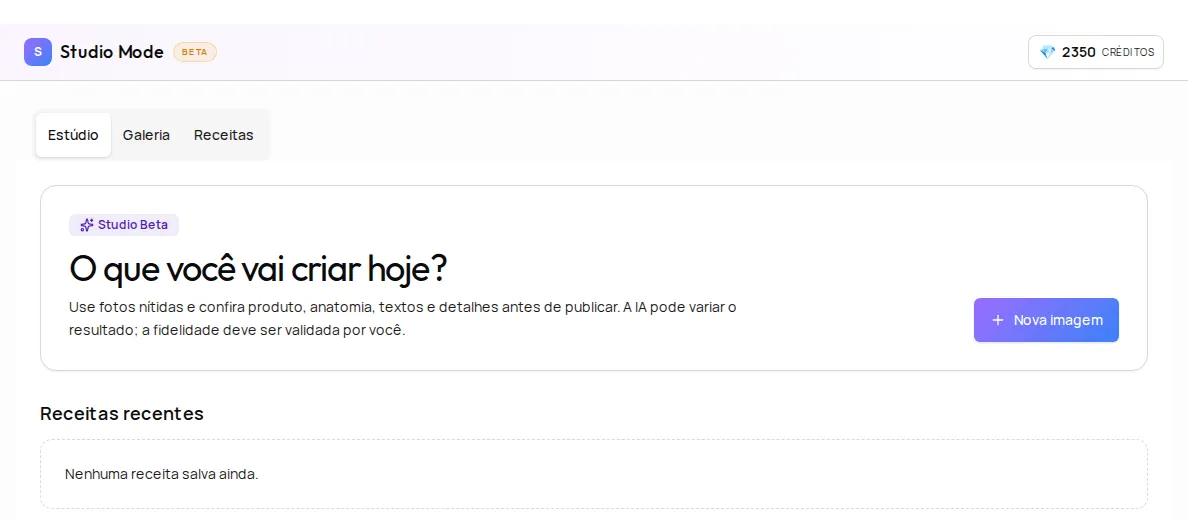 Studio home screen with the question O que você vai criar hoje, the Nova imagem button and recent recipes