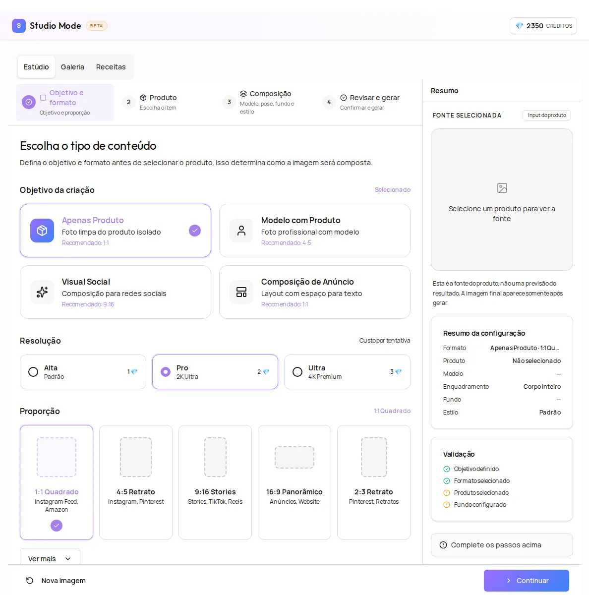 The Objetivo e formato step in Studio with the four creation goals and the resolution and aspect ratio options
