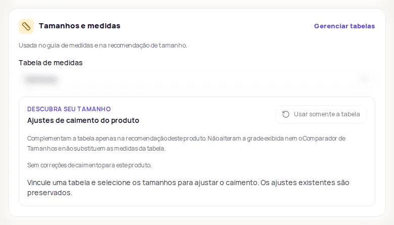 The Tamanhos e medidas card with the Tabela de medidas field and the Ajustes de caimento do produto
