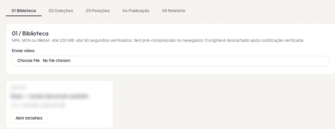 Video Commerce dashboard with the Biblioteca, Coleções, Posições, Publicação and Relatório steps and the video list