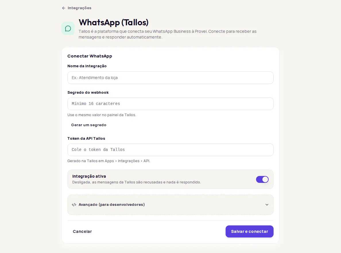 Conectar WhatsApp form with Nome da integração, Segredo do webhook, Token da API Tallos and Integração ativa