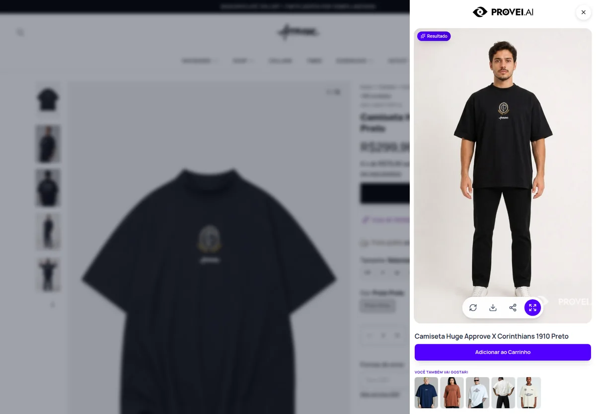 Resultado do provador Fashion aberto sobre a página de produto da Approve