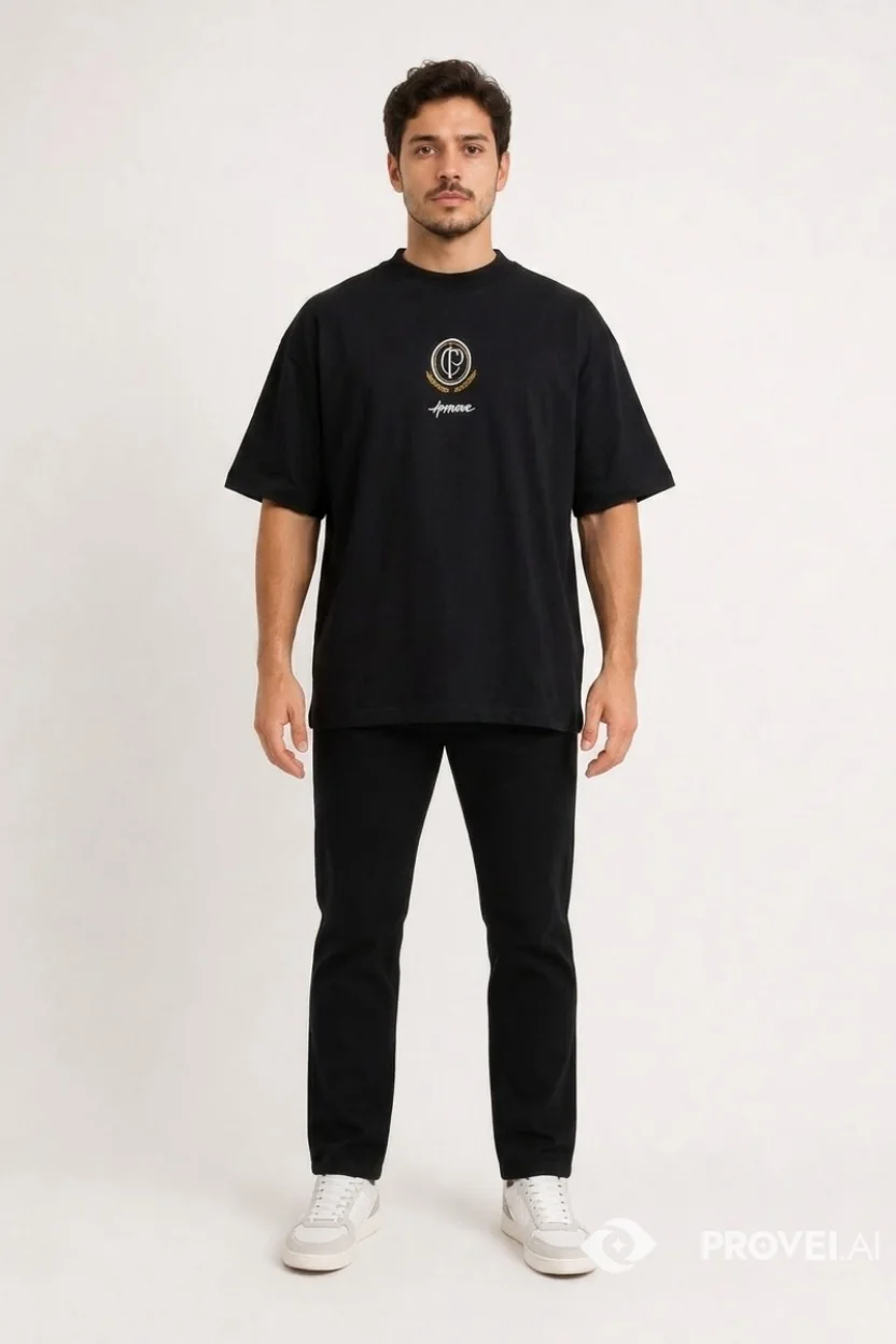 Modelo sintético usando uma camiseta da Approve após o provador Fashion