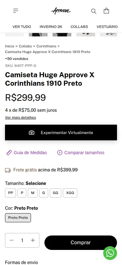 Página mobile da camiseta Approve com os três acessos da Provei.AI