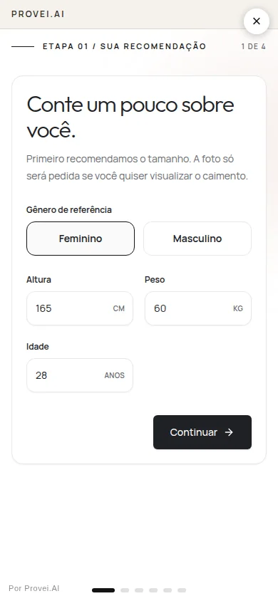 Primeira etapa do comparador de tamanhos da Provei.AI no celular
